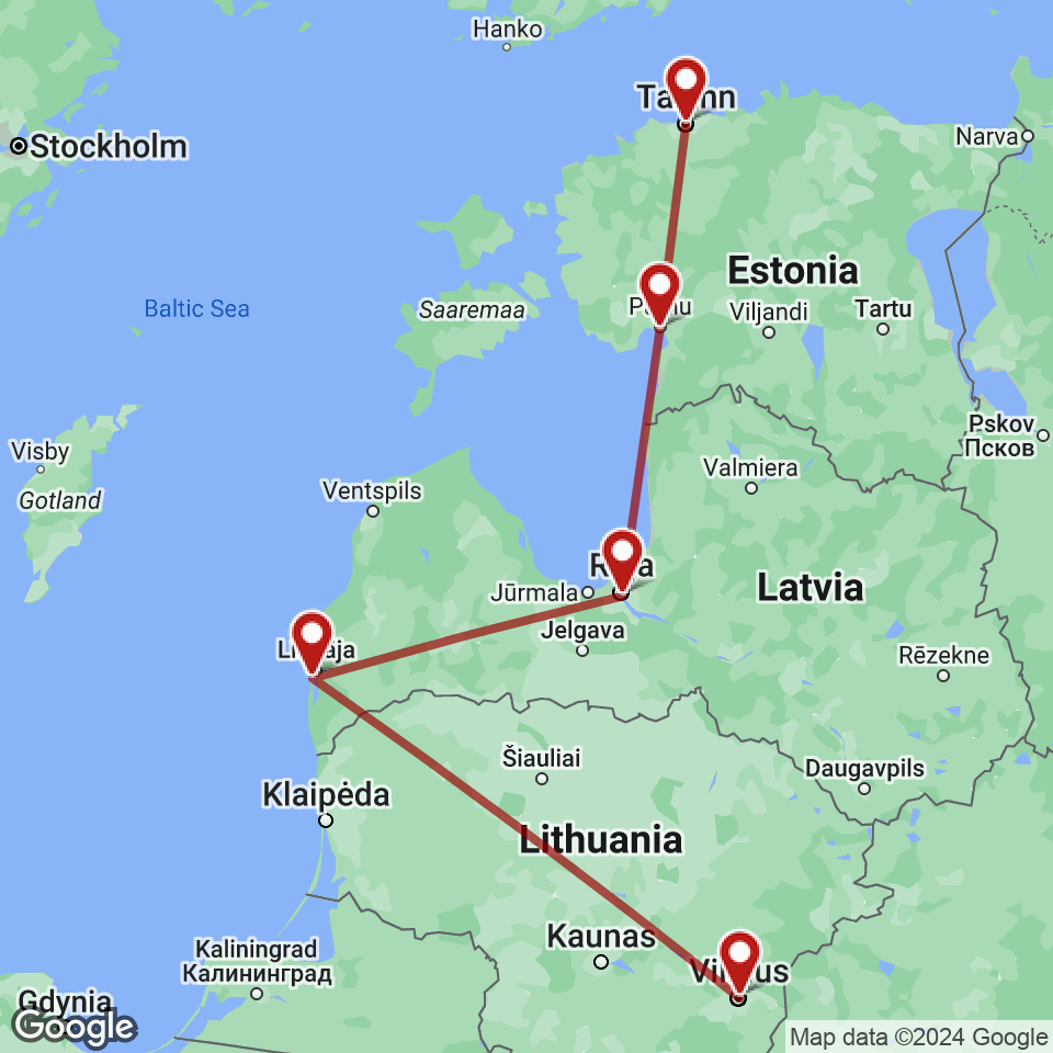 Route for Vilnius, Liepaja, Riga, Parnu, Tallinn tour